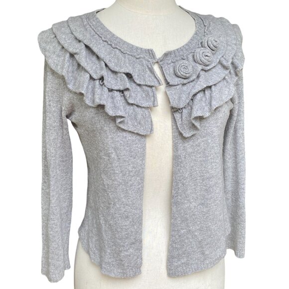 Banana Republic Wool Cashmere Cardigan Italian Ruffles Rosettes Fairy Feminine-S - Picture 1 of 12